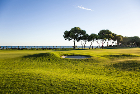 A bunker guards this green on Terramar Golf